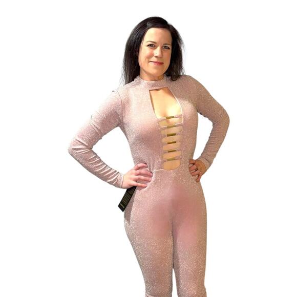 NWT Bebe Jumpsuit - Pink Sparkle - Plunge Neckline Cut-outs - Medium - Picture 5 of 15